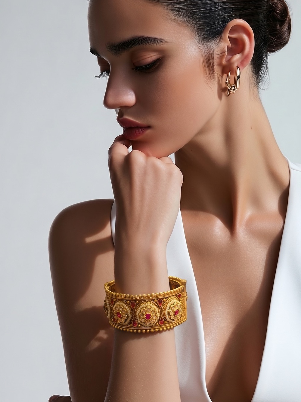 Vintage Indian Gold Kundan Bracelet Red Stones Pearl Floral Statement Bangle